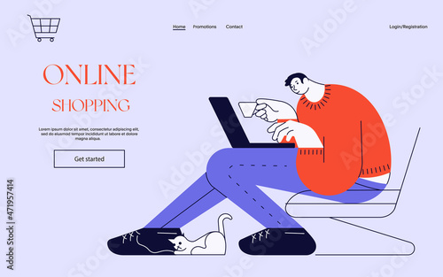 Online shopping process. Young man buying goods in internet store
