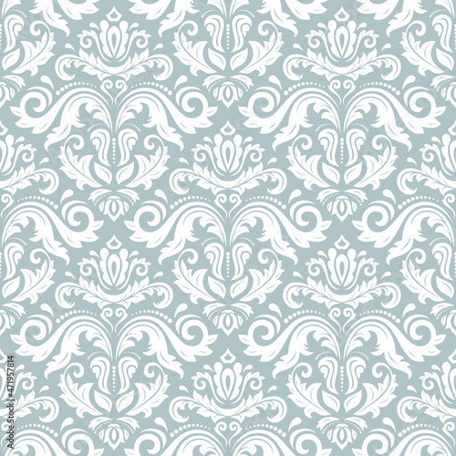 Classic seamless pattern. Damask orient light blue and white ornament. Classic vintage background. Orient ornament for fabric, wallpaper and packaging