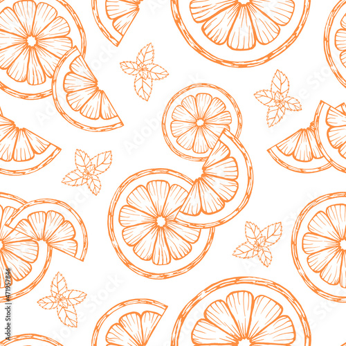 hand drawn seamless pattern contour of orange slices and mint leaves