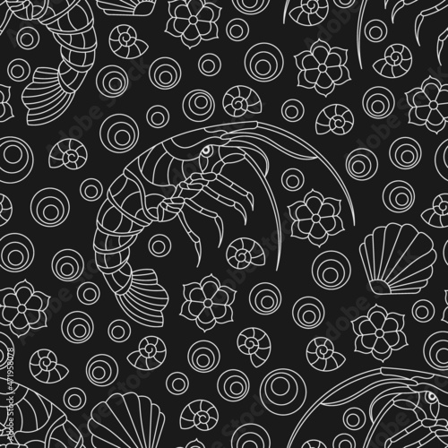 Seamless illustration with light contour shrimps, fishes and shells, outline animals on a dark background