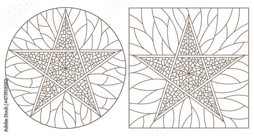Set of contour illustrations of stained-glass Windows with stars, dark contours on a white background, round and rectangular image