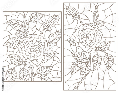 Set of contour illustrations in stained glass style with abstract rose flowers, dark outlines on a white background