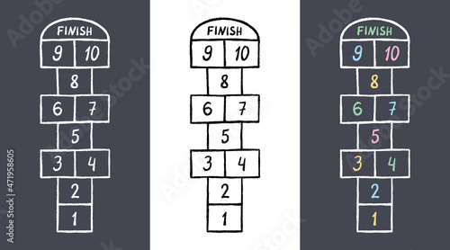 Hopscotch kid activity game. Hopscotch with color numbers drawn in chalk on asphalt. Outdoor summer game. Hand drawn vector illustration.