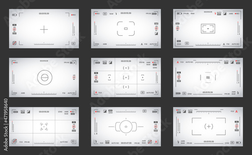 Camera viewfinder video or photo frame recorder flat style design vector illustration set. Digital camera viewfinder with exposure settings and focusing grid template.