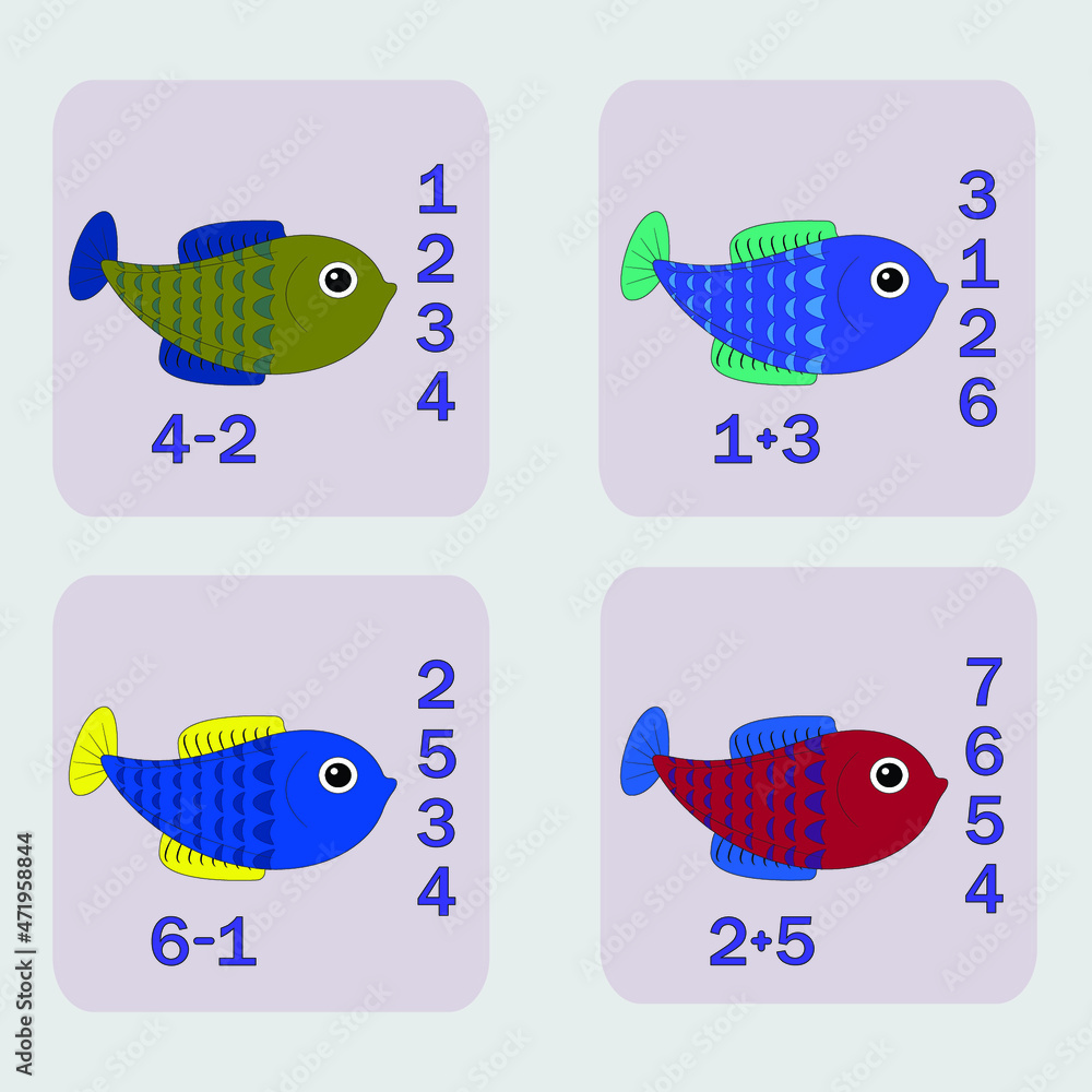 Fototapeta premium counting game with funny fishes. Preschool worksheet, kids activity sheet, printable worksheet