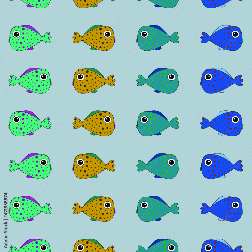 Pattern with painted colorful fishes. Can be used for wallpaper, textiles, packaging, cards, covers. Small cute animal on a blue background. Pattern with painted colorful fishes. Can be used for wallpaper, textiles, packaging, cards, covers. Small cute animal on a blue background.