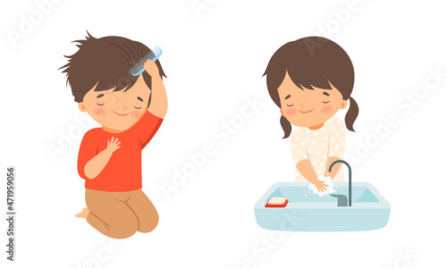 Little Boy and Girl Washing Hand with Soap in Sink and Combing Hair Vector Set