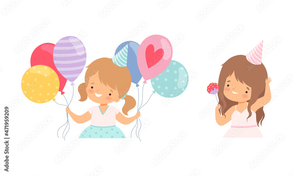 Happy Little Girl Wearing Cone Birthday Hat Holding Balloons and Waving Hand Cheering About Holiday Vector Set Happy Little Girl Wearing Cone Birthday Hat Holding Balloons and Waving Hand Cheering About Holiday Vector Set