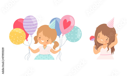 Happy Little Girl Wearing Cone Birthday Hat Holding Balloons and Waving Hand Cheering About Holiday Vector Set