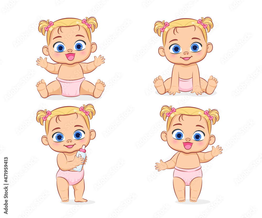 Cute baby in a diaper. Girl. A set of vector cartoon illustrations . Cute baby in a diaper. Girl. A set of vector cartoon illustrations .