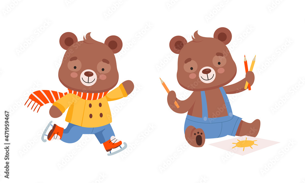 Cute Teddy Bear Character Ice Skating in Winter and Drawing with Pencils Vector Set Cute Teddy Bear Character Ice Skating in Winter and Drawing with Pencils Vector Set