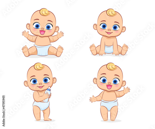 Cute baby in a diaper. Boy. A set of vector cartoon illustrations .