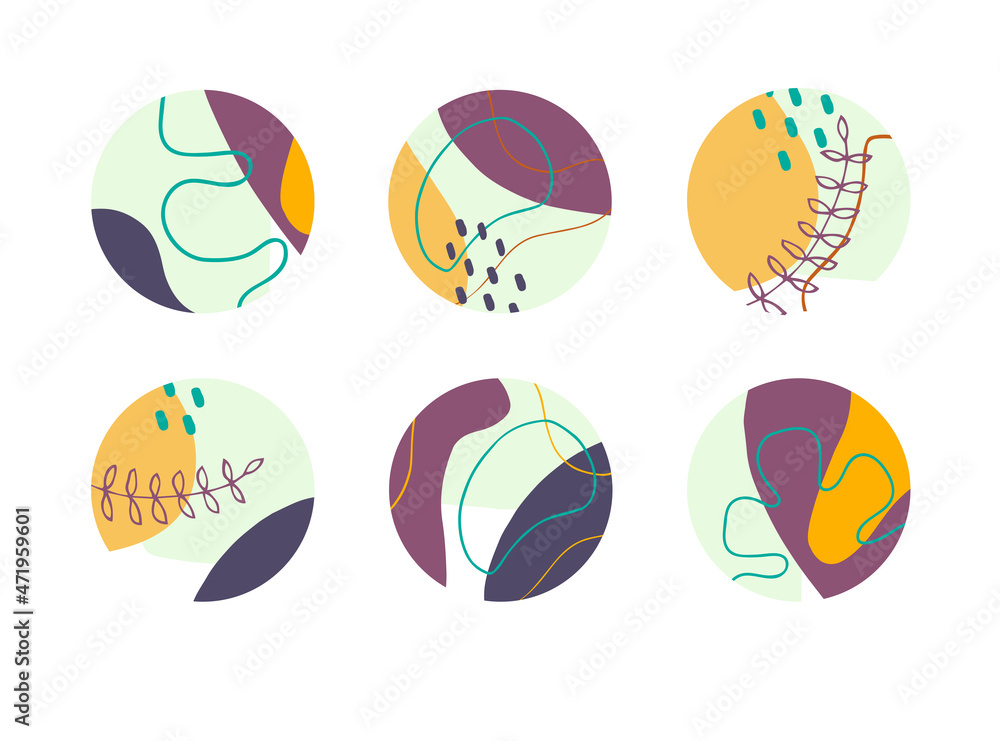 Set of round abstract backgrounds with colored spots, branches and lines. Vector illustration. Illustration for mobile apps, social media icons templates, designs, posters and advertisements.