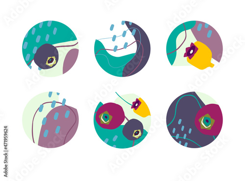 Set of round abstract backgrounds with colored spots, berries and lines. Vector illustration. Illustration for mobile apps, social media icons templates, designs, posters and advertisements.