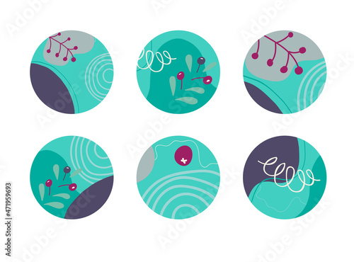 Set of round abstract backgrounds with colored spots, berries, branches, curls and lines. Vector illustration. Illustration for mobile apps, social media icons templates, designs, and advertisements.