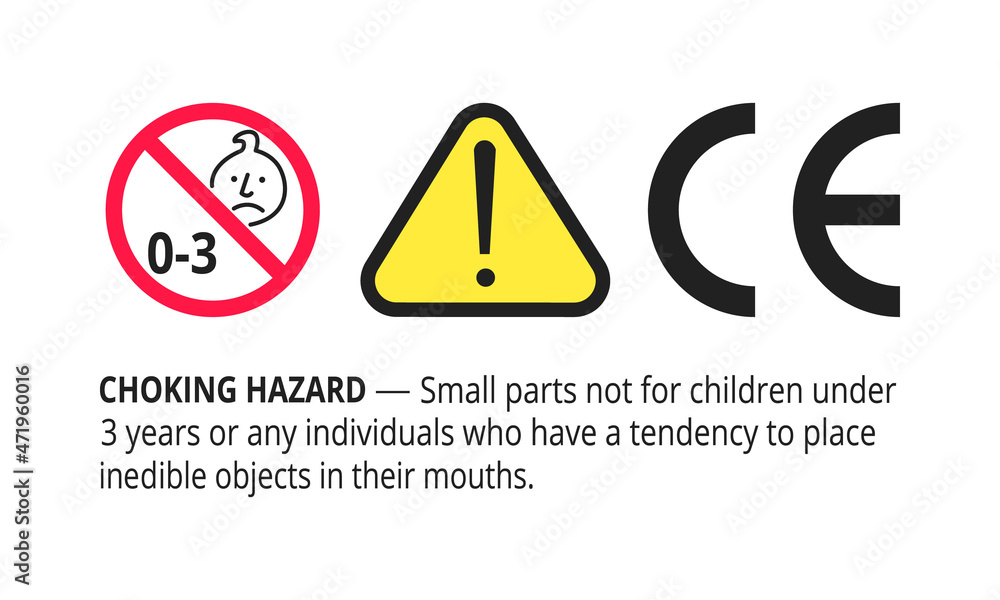 Choking hazard forbidden sign sticker not suitable for children under 3 years isolated on white background vector illustration. Warning triangle, sharp edges and small parts danger. - obrazy, fototapety, plakaty 
