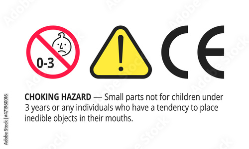 Choking hazard forbidden sign sticker not suitable for children under 3 years isolated on white background vector illustration. Warning triangle, sharp edges and small parts danger. photo