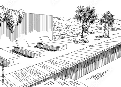 Swimming pool graphic black white landscape sketch illustration vector 