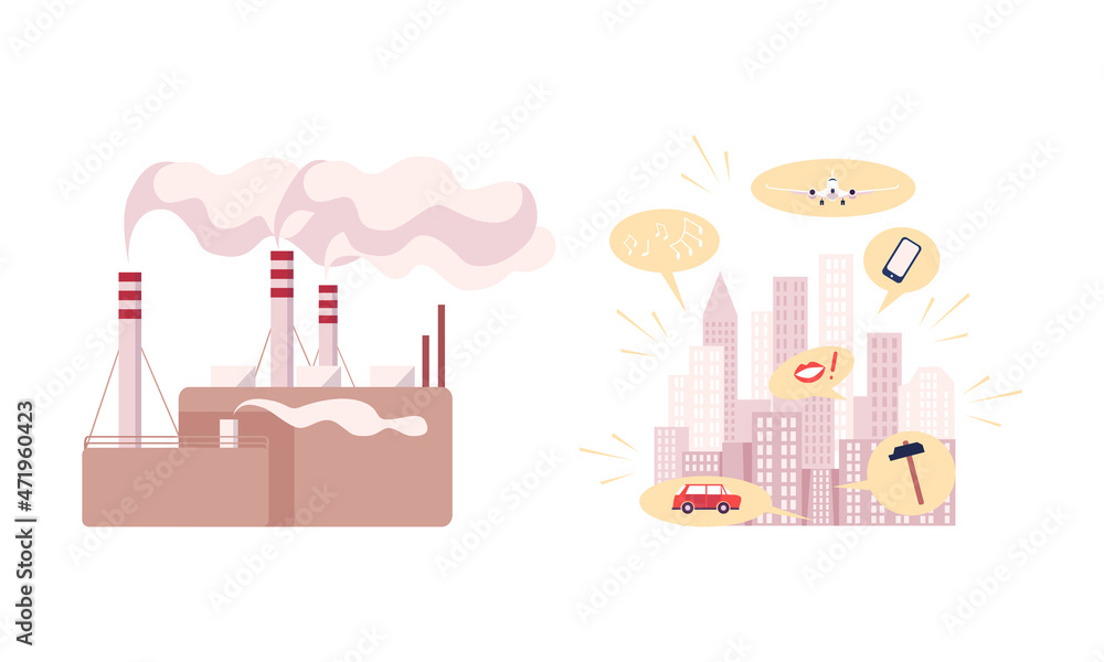 Environmental Pollution and Global Warming Cause with Urbanization and Factory Emission Vector Set