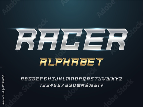 Speed racing style alphabet design with uppercase, numbers and symbol