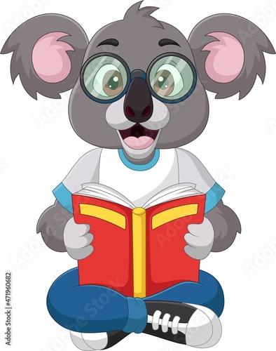 Cartoon smart koala reading a book