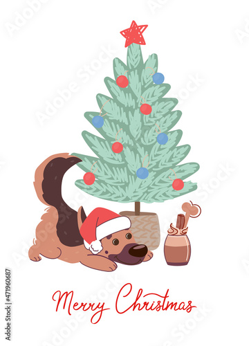 Christmas card with dog german shepherd under the tree. Vector greeting card in flat style with lettering Merry Christmas.