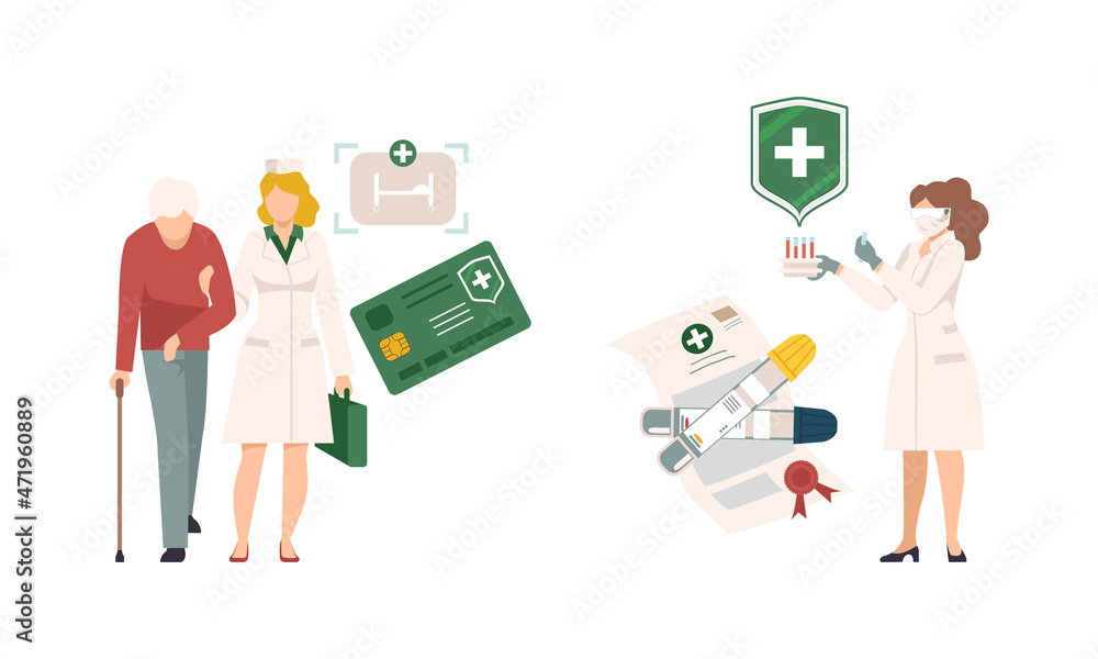 Health Insurance or Medical Insurance with Woman Doctor Assisting Senior Man Vector Set Health Insurance or Medical Insurance with Woman Doctor Assisting Senior Man Vector Set