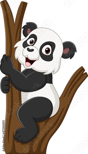 Cartoon little panda on tree branch