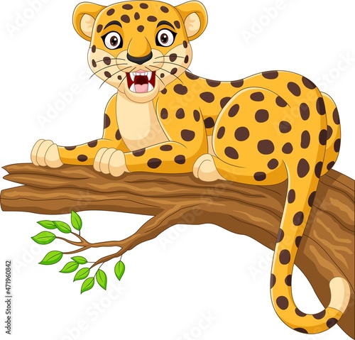Cartoon leopard lying on a tree branch 