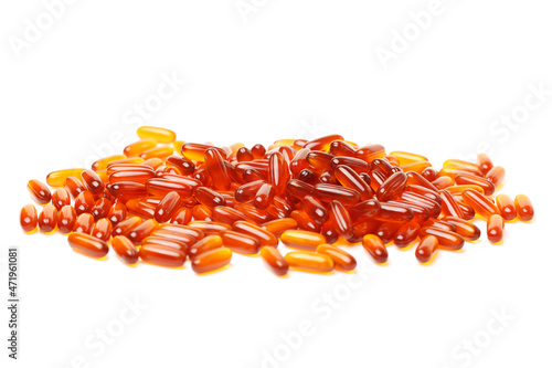 Vitamin Omega-3 fish oil capsules on white background  photo