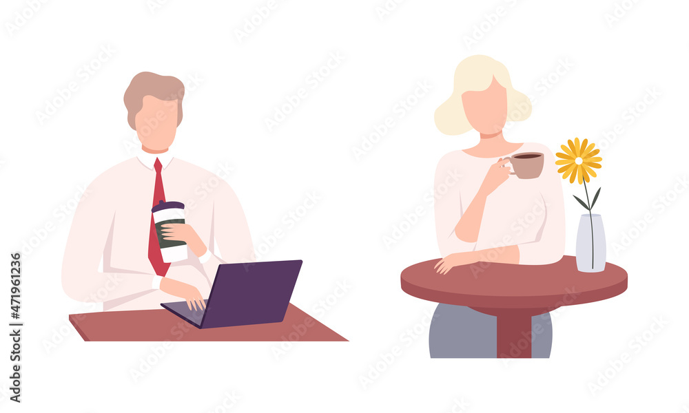 Young Man and Woman Character Holding Cup with Hot Coffee Drink Vector Set