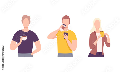 Young Man and Woman Character Holding Cup with Hot Coffee Drink Vector Set