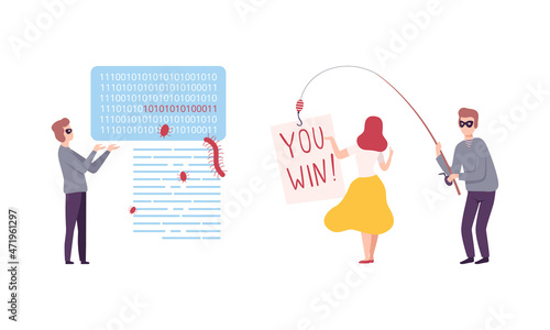 Hacker Stealing Personal Data from Phishing Site Vector Set