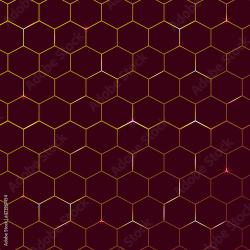 Modern technological background in the style of bee honeycombs. Bright orange and yellow glow from the hexagon. Ideal for web banners, blogs, posters, postcards, cover design