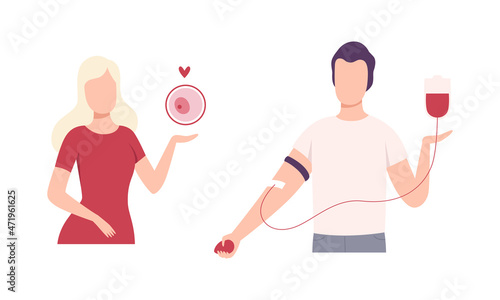 Man and Woman Character Engaged in Organ and Blood Donation for Transfusion Vector Set