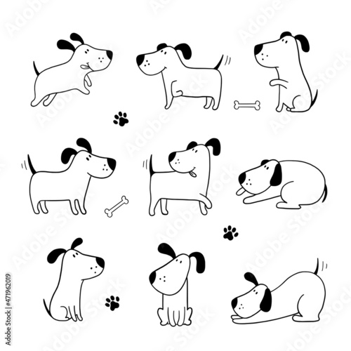 Set of funny dogs. Black and white color.Doodle cartoon style. Hand draw cute dogs in sketch style. 