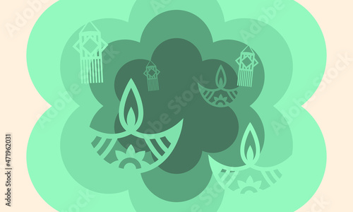 Serene Green Diwali Vector Background with Layered Lamps and Lanterns