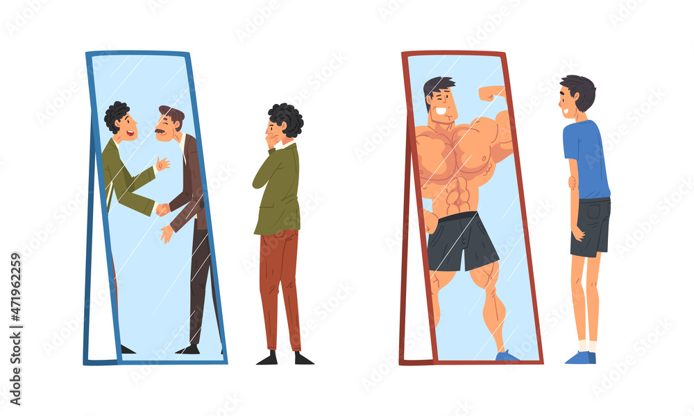 Man Standing in Front of Mirror Looking at His Reflection and Imagine Himself as Successful and Attractive Vector Set