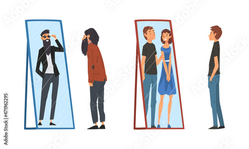 Man Standing in Front of Mirror Looking at His Reflection and Imagine Himself as Successful and Attractive Vector Set