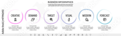 Drawn vector line infographics with 6 circles and icons. Flat chart process template with six steps. Sketch timeline for business project, presentation, web, diagram