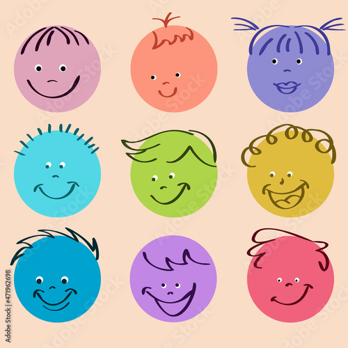 Big set colored comic faces with various joyful emotions.