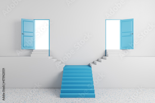Abstract blue staircase with two open doors in concrete interior. Success, way and opportunity concept. 3D Rendering. photo