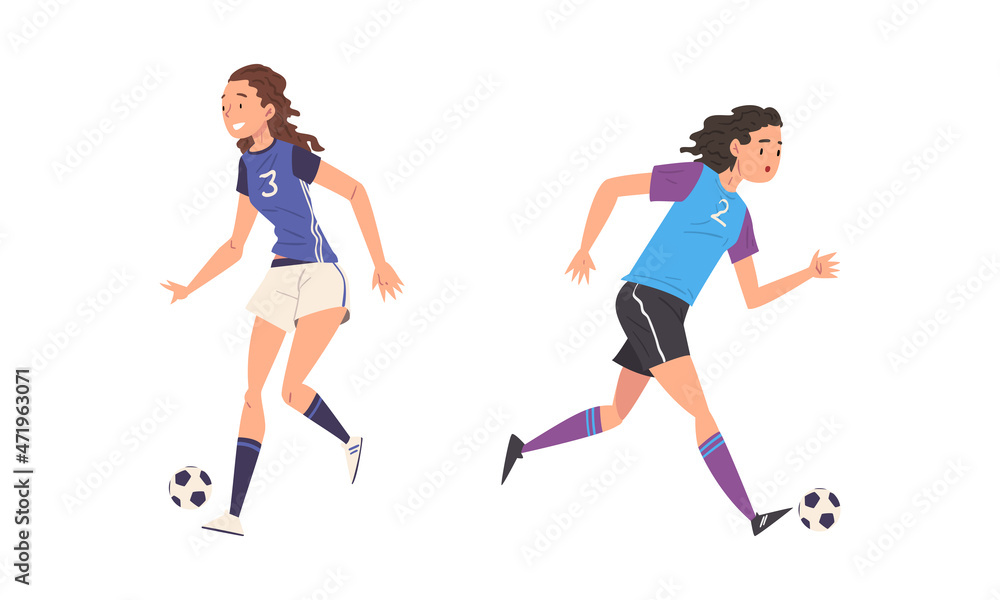 Woman Soccer or Football Player Kicking and Passing Ball Vector Set