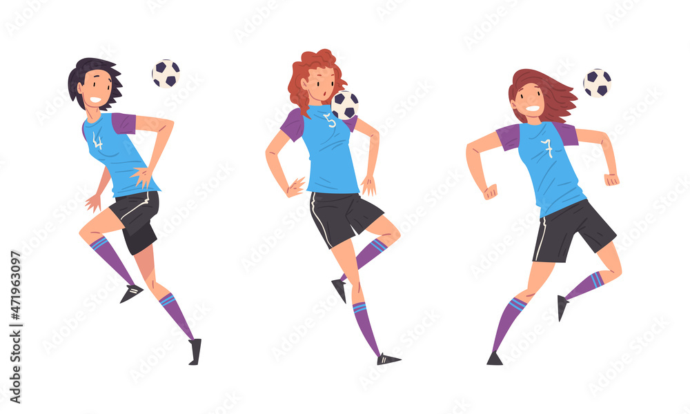 Woman Soccer or Football Player Kicking and Passing Ball Vector Set