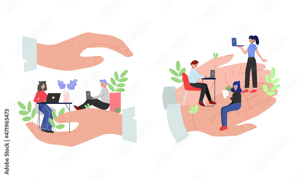 Tiny Man and Woman Office Employee Working in Giant Hand Vector Set