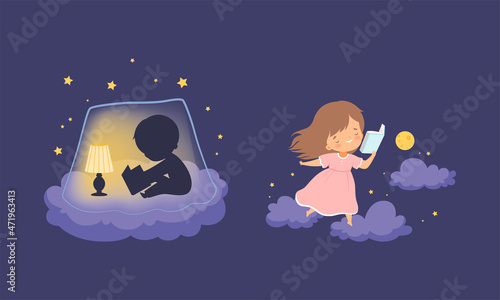 Cute Little Boy and Girl on Soft Cloud at Night and Reading Bedtime Story Vector Set