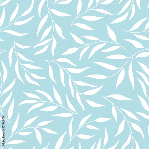 Silhouettes of leaves olive seamless pattern. Vector hand drawn illustration in simple scandinavian doodle cartoon style. Isolated white branches on a blue background.