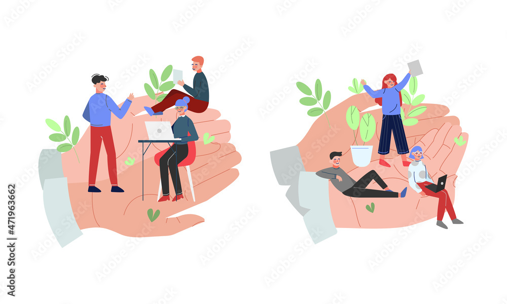 Fototapeta premium Tiny Man and Woman Office Employee Working in Giant Hand Vector Set