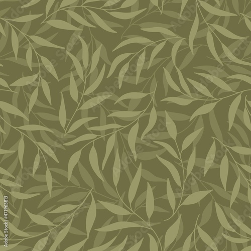 Silhouettes of leaves olive seamless pattern. Vector hand drawn illustration in simple scandinavian doodle cartoon style. Isolated branches in green tones on a dark background.