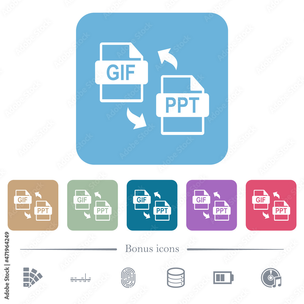 GIF PPT file conversion flat icons on color rounded square backgrounds GIF PPT file conversion flat icons on color rounded square backgrounds